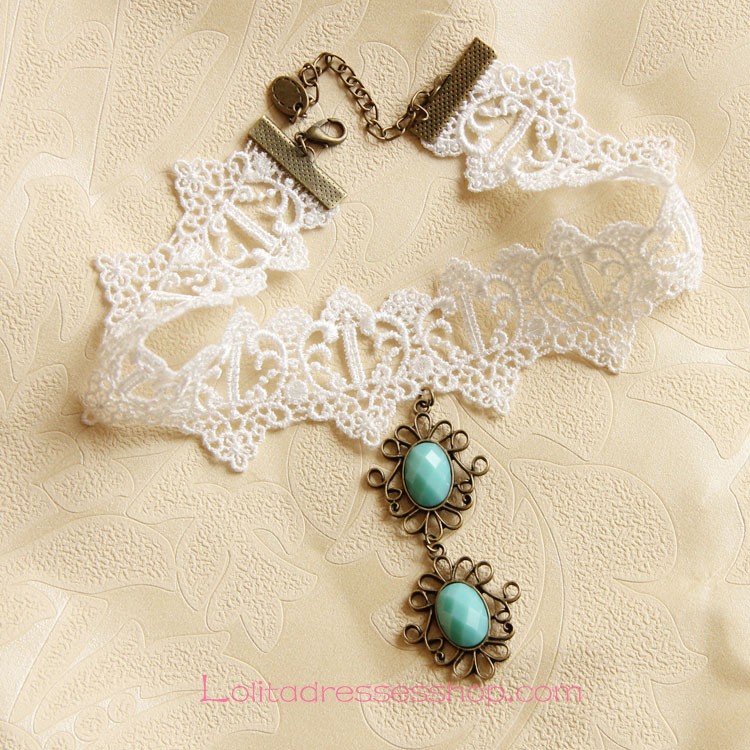 Lolita Bride Retro Gem Cross White Lace Necklace