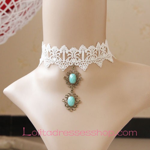 Lolita Bride Retro Gem Cross White Lace Necklace