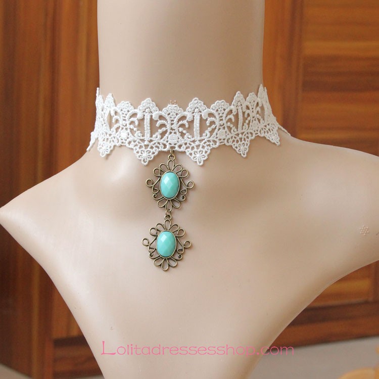 Lolita Bride Retro Gem Cross White Lace Necklace