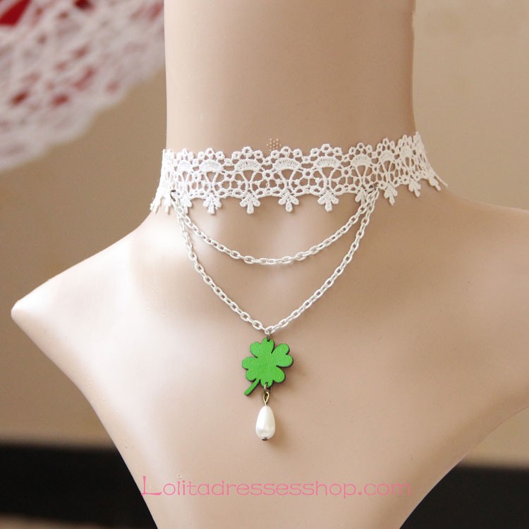 Lolita Retro Pearl Clover White Lace Necklace