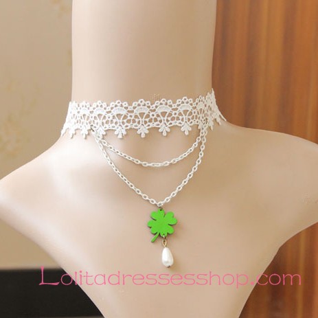 Lolita Retro Pearl Clover White Lace Necklace