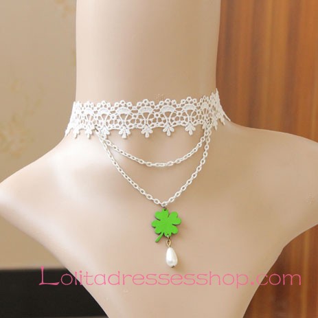 Lolita Retro Pearl Clover White Lace Necklace