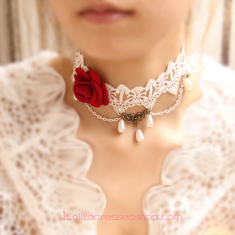 Lolita Retro Palace Rose Pearl White Lace Necklace