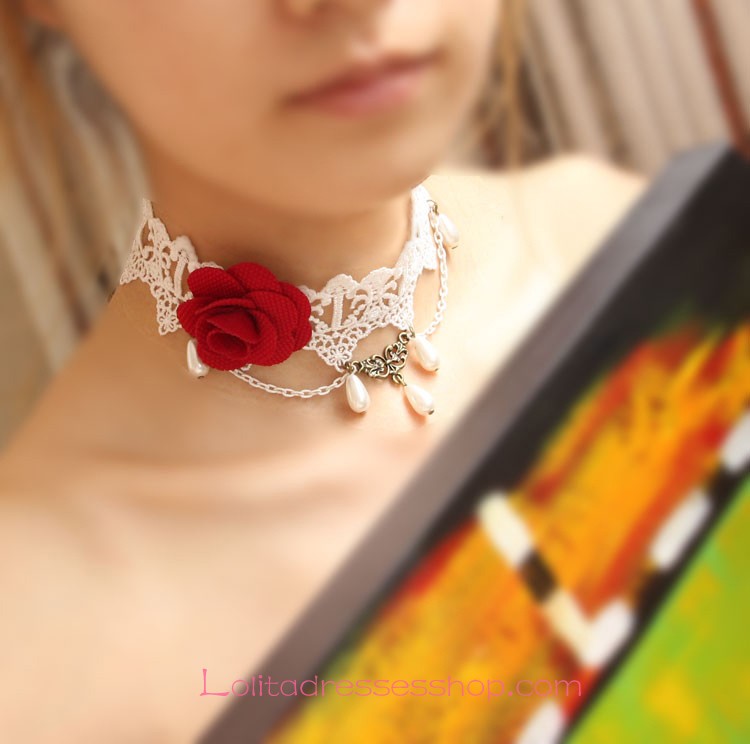 Lolita Retro Palace Rose Pearl White Lace Necklace