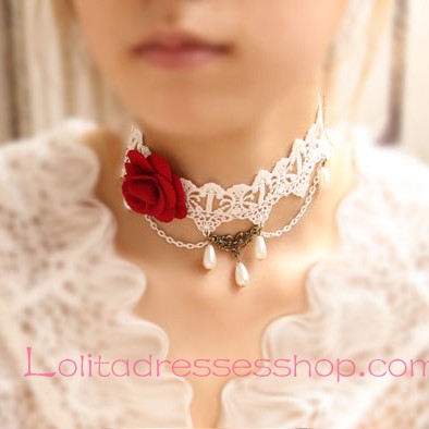 Lolita Retro Palace Rose Pearl White Lace Necklace