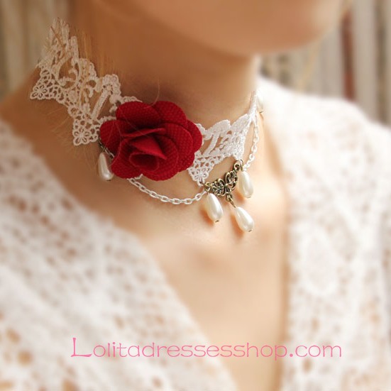 Lolita Retro Palace Rose Pearl White Lace Necklace