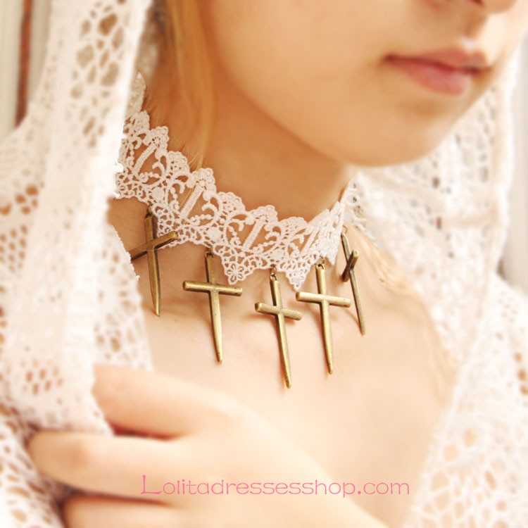 Lolita Cross Sweet Bride White Lace Necklace