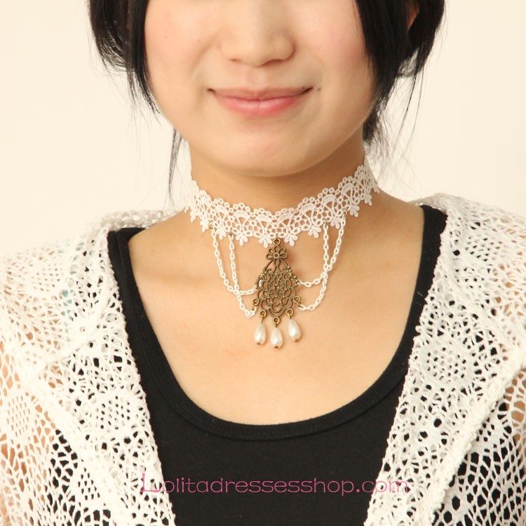 Lolita Bridal Pearl Noble White Lace Necklace