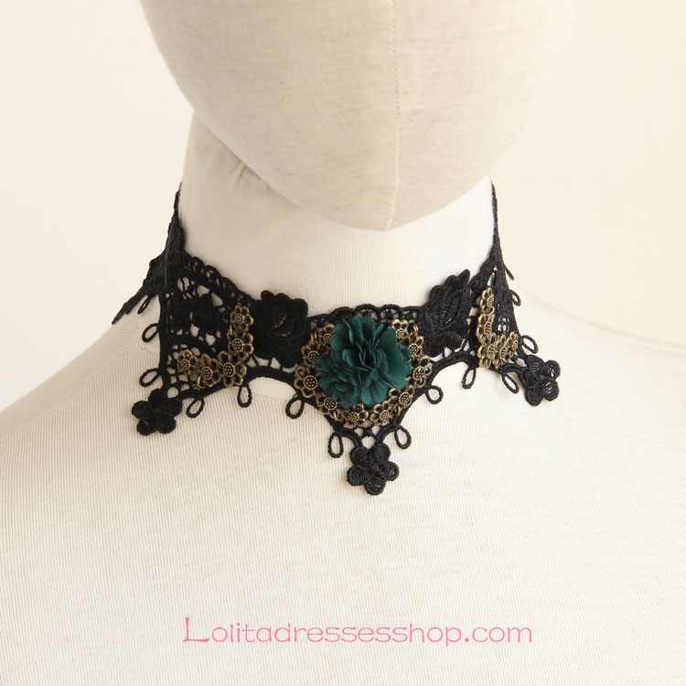 Lolita Elegant Retro Black Lace Flowers Necklace