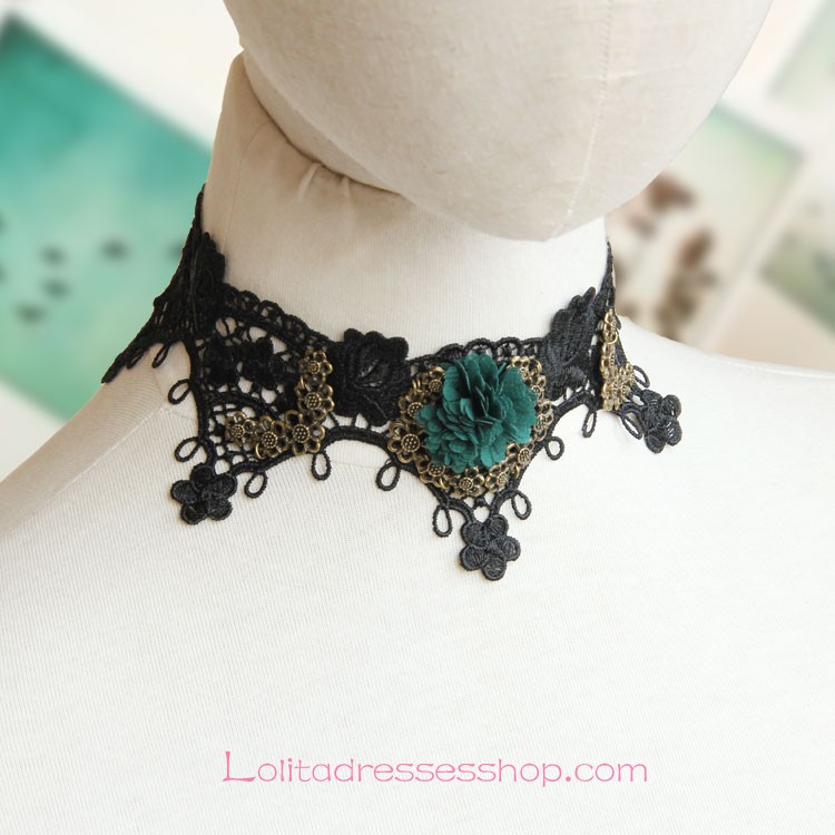 Lolita Elegant Retro Black Lace Flowers Necklace