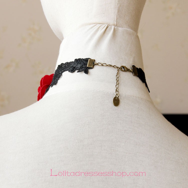 Lolita Black Lace Flowers Gemstone Noble Necklace