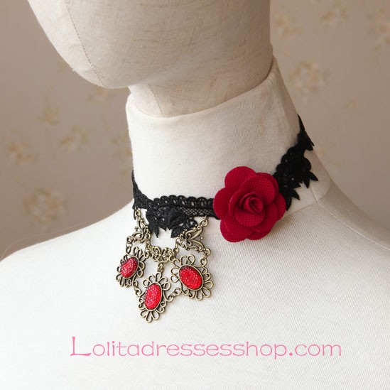 Lolita Black Lace Flowers Gemstone Noble Necklace