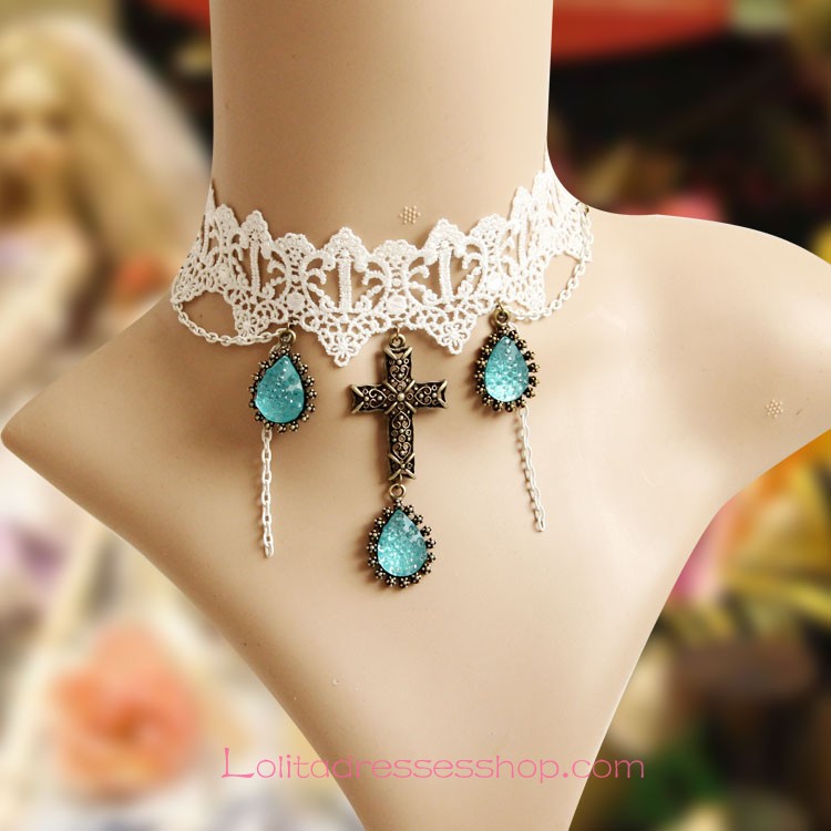 Lolita Gemstone Cross Bride White Lace Necklace