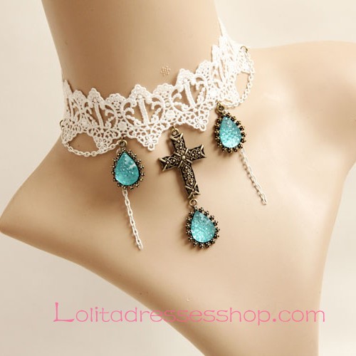 Lolita Gemstone Cross Bride White Lace Necklace