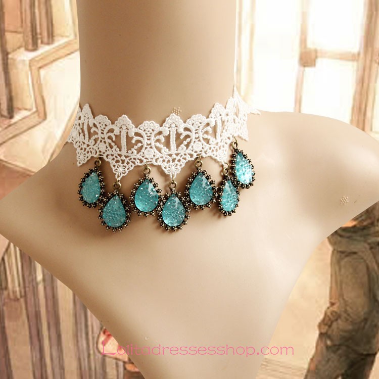 Lolita Gemstone Bride White Lace Necklace