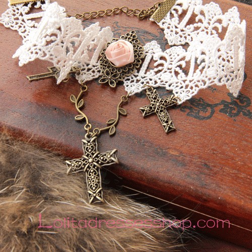 Lolita Vintage White Lace Rose Cross White Lace Necklace