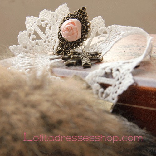 Lolita Vintage White Lace Rose Cross White Lace Necklace
