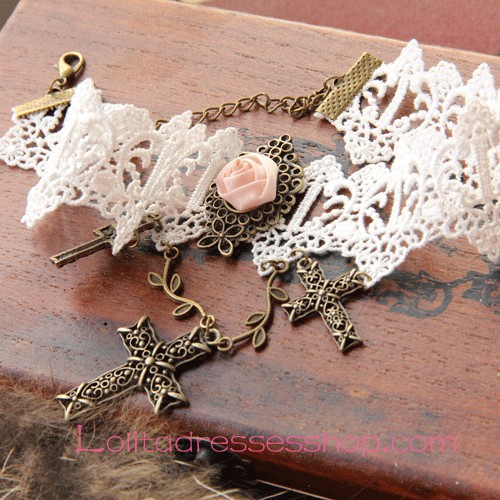 Lolita Vintage White Lace Rose Cross White Lace Necklace