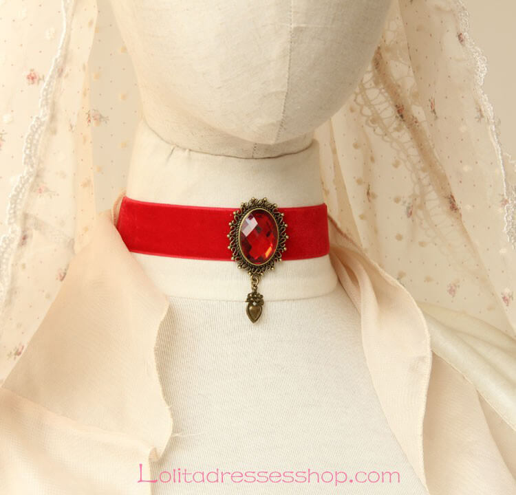 Lolita Red Velvet Ribbon Bride Retro Fashion Gem Necklace