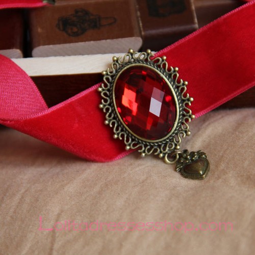 Lolita Red Velvet Ribbon Bride Retro Fashion Gem Necklace