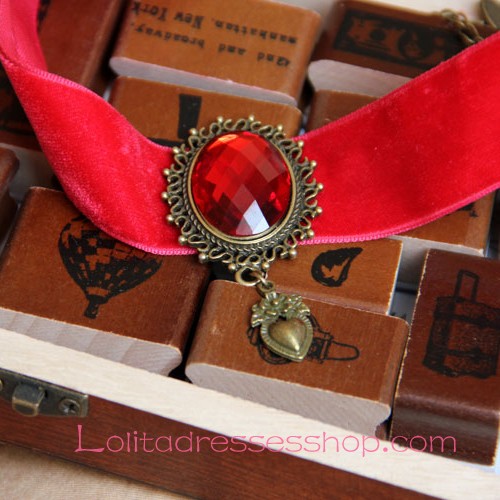 Lolita Red Velvet Ribbon Bride Retro Fashion Gem Necklace