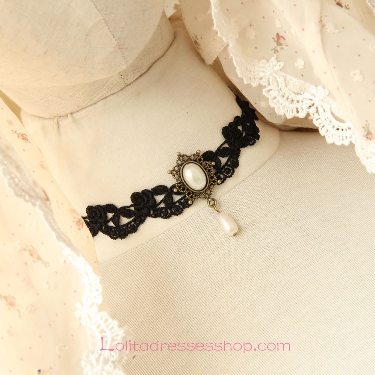 Lolita Black Lace Pearl Jewel Bridal Fashion Necklace