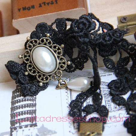 Lolita Black Lace Pearl Jewel Bridal Fashion Necklace