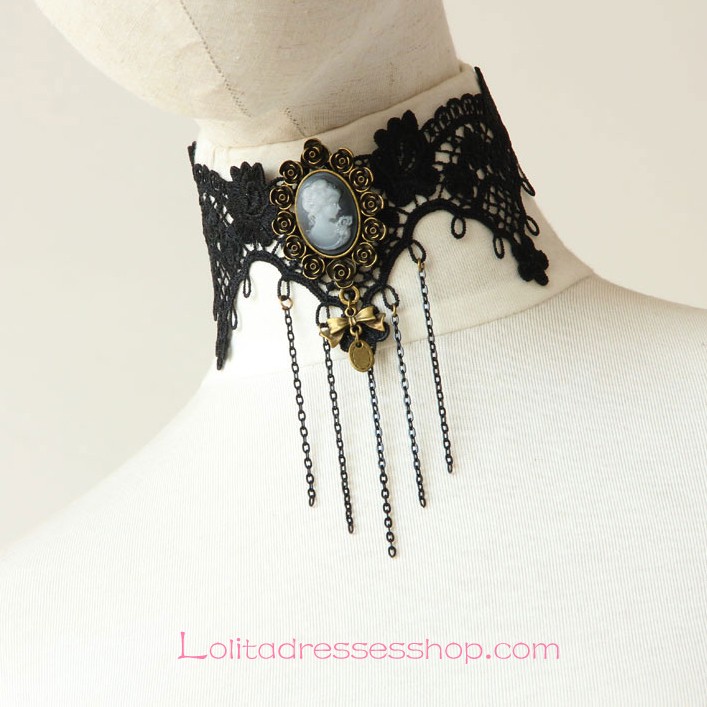 Lolita Retro Fashion Black Lace Fringed Beauty Head Necklace
