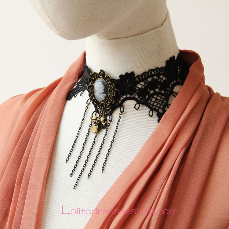 Lolita Retro Fashion Black Lace Fringed Beauty Head Necklace