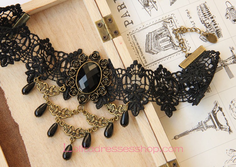 Lolita Black Retro Fashion Lace Pearl Necklace