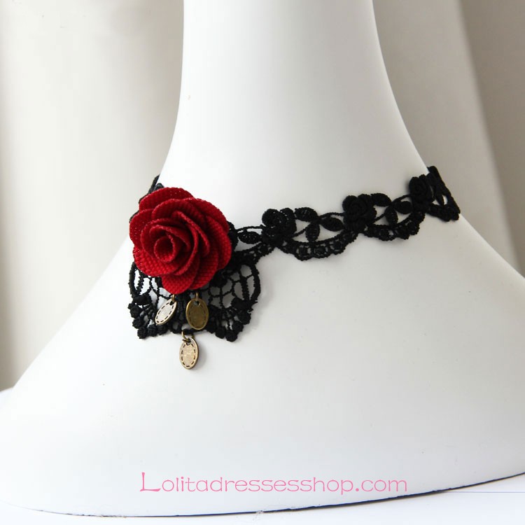 Lolita Black Lace Gothic Red Rose Flower Fashion Necklace