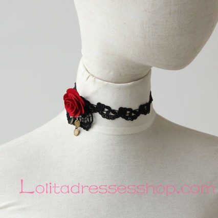 Lolita Black Lace Gothic Red Rose Flower Fashion Necklace