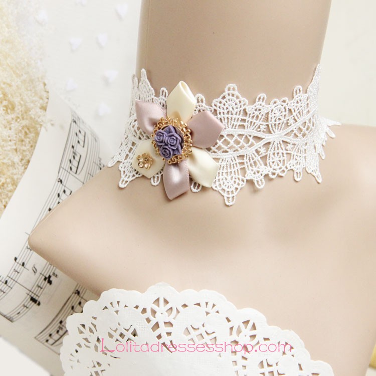 Lolita Retro Flowers Palace White Lace Necklace