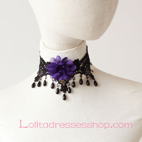 Lolita Gothic Black Lace Pearl Retro Flowers Necklace