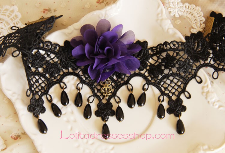 Lolita Gothic Black Lace Pearl Retro Flowers Necklace