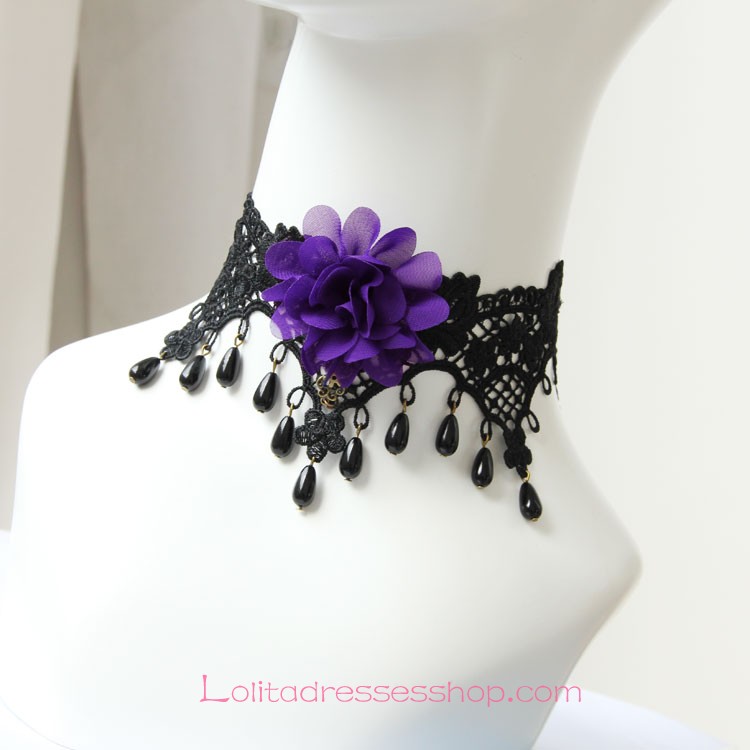 Lolita Gothic Black Lace Pearl Retro Flowers Necklace