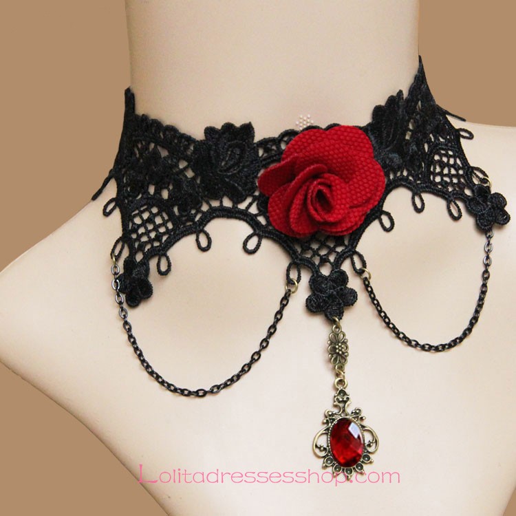 Lolita Gothic Black Lace Red Roses Gem Retro Court Necklace