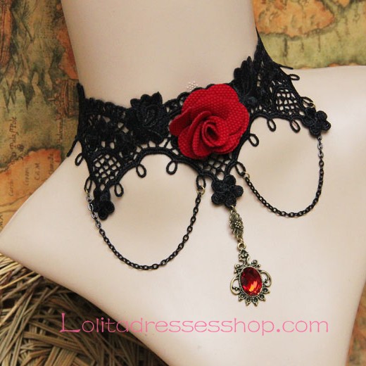 Lolita Gothic Black Lace Red Roses Gem Retro Court Necklace