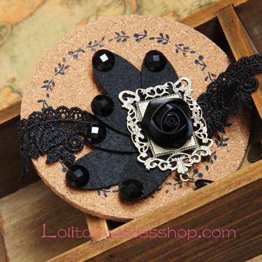 Lolita Gothic Black Lace Black Roses Retro Court Necklace