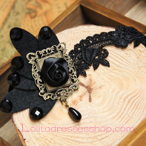 Lolita Gothic Black Lace Black Roses Retro Court Necklace