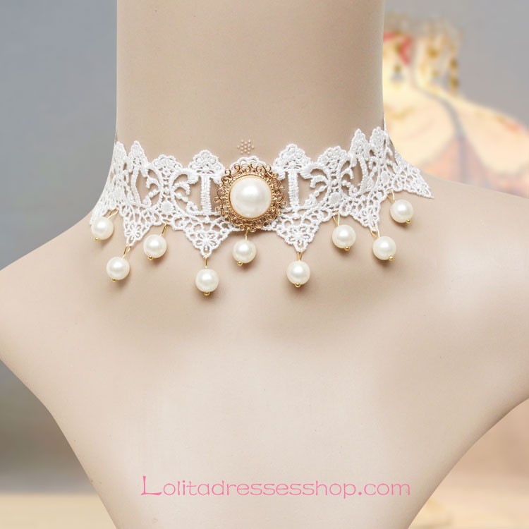 Lolita Bridal Pearl Noble White Lace Necklace