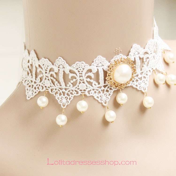Lolita Bridal Pearl Noble White Lace Necklace
