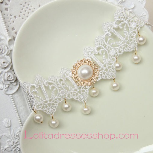 Lolita Bridal Pearl Noble White Lace Necklace