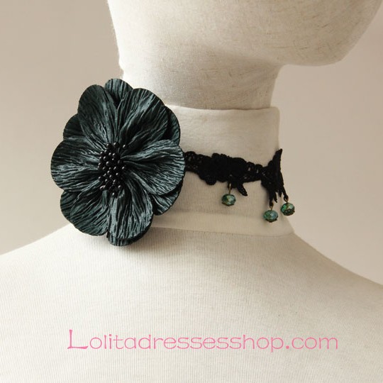 Lolita Crystal Fashion Black Lace Flowers Necklace