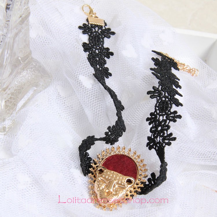 Lolita Fashion Leopard Head Black Lace Necklace