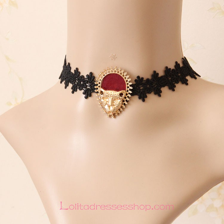 Lolita Fashion Leopard Head Black Lace Necklace