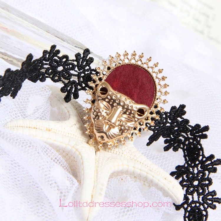Lolita Fashion Leopard Head Black Lace Necklace