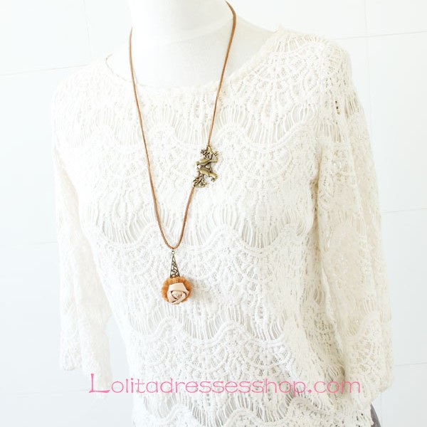 Lolita Brown Cute Sweet Pink Rose Sweater Chain