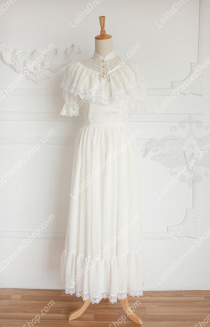 Vintage Palace White Lace Long Doll Collar Short Sleeves Fashion