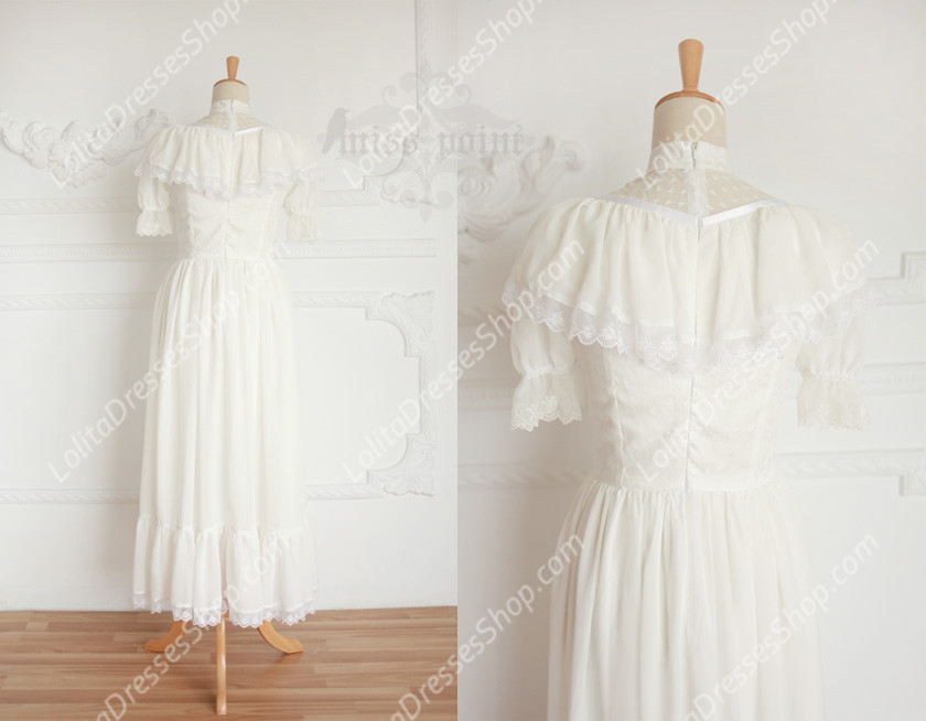 Vintage Palace White Lace Long Doll Collar Short Sleeves Fashion
